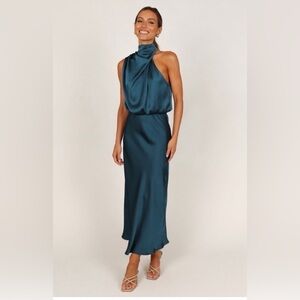 Petal & Pup Annabelle Teal Satin Halter Neck Slip Dress